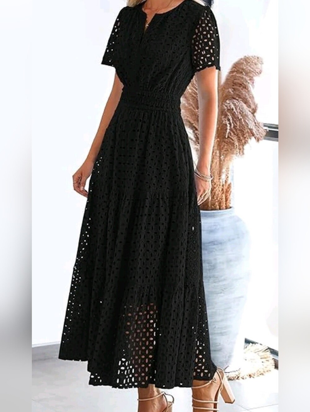 Women's Black Eyelet Tiered Maxi Skirt - Picture 2 of 4